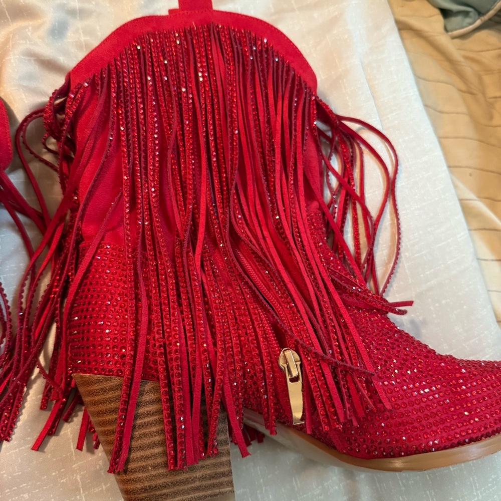 Red Fringe Women's Boots western sequence size 8 que piano zipper - Picture 5 of 8